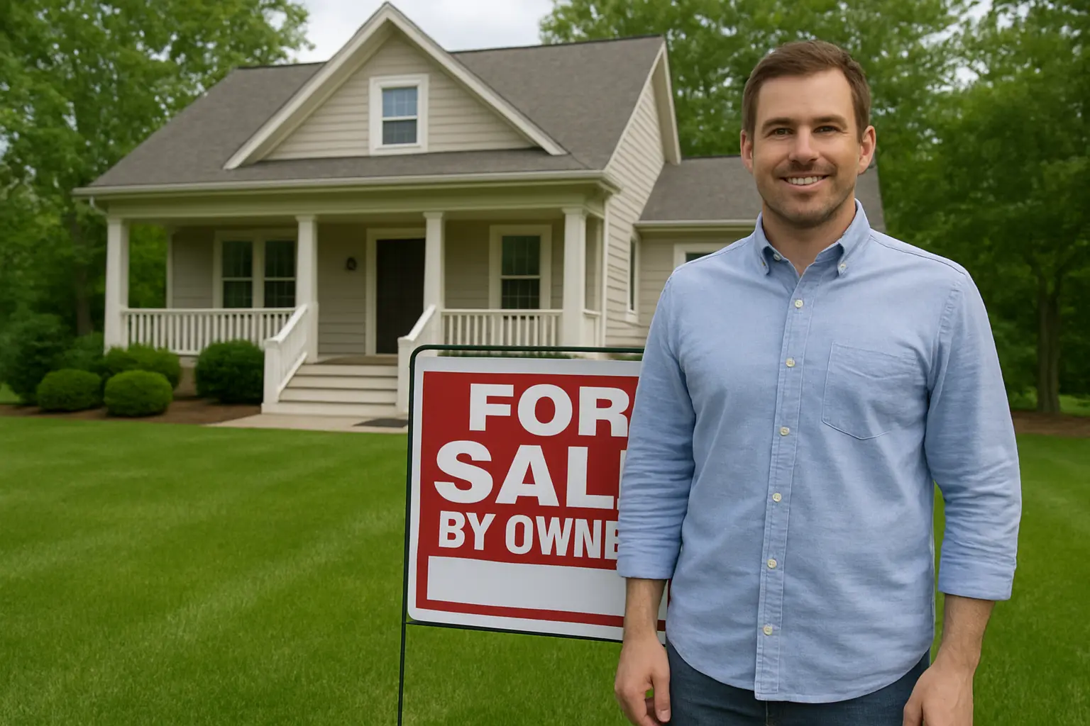 A homeowner stands beside a FSBO “For Sale By Owner” sign in front of a beige two-story house with white trim, representing the FSBO home selling process.