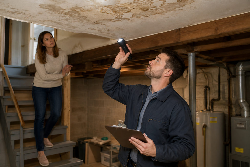 Investor inspecting a fixer-upper house before making a cash offer