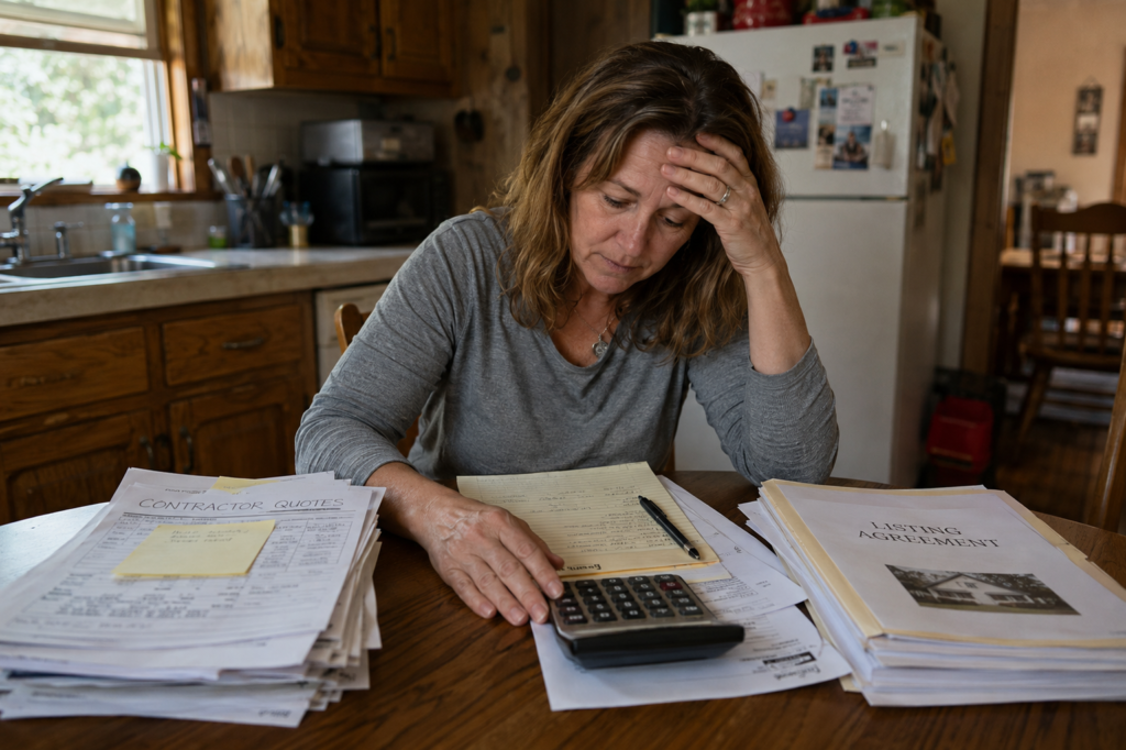 Homeowner weighing repair quotes against selling as-is at kitchen table
