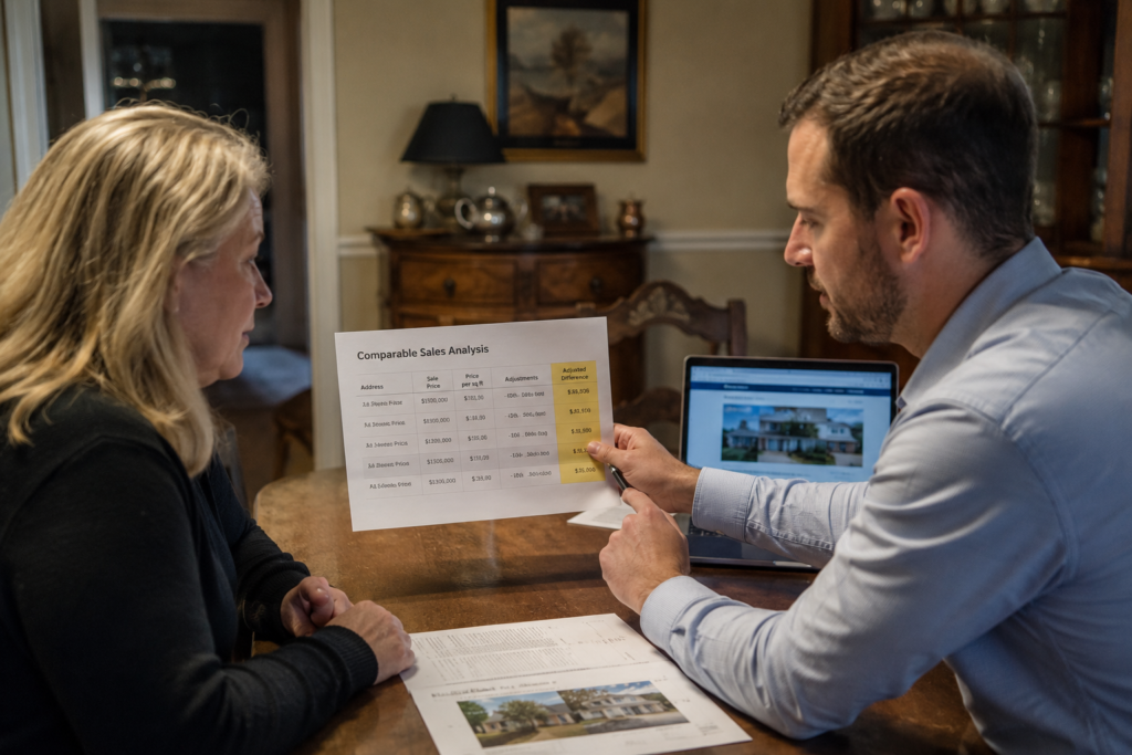 Real estate agent and seller reviewing comparative market analysis to price a fixer-upper