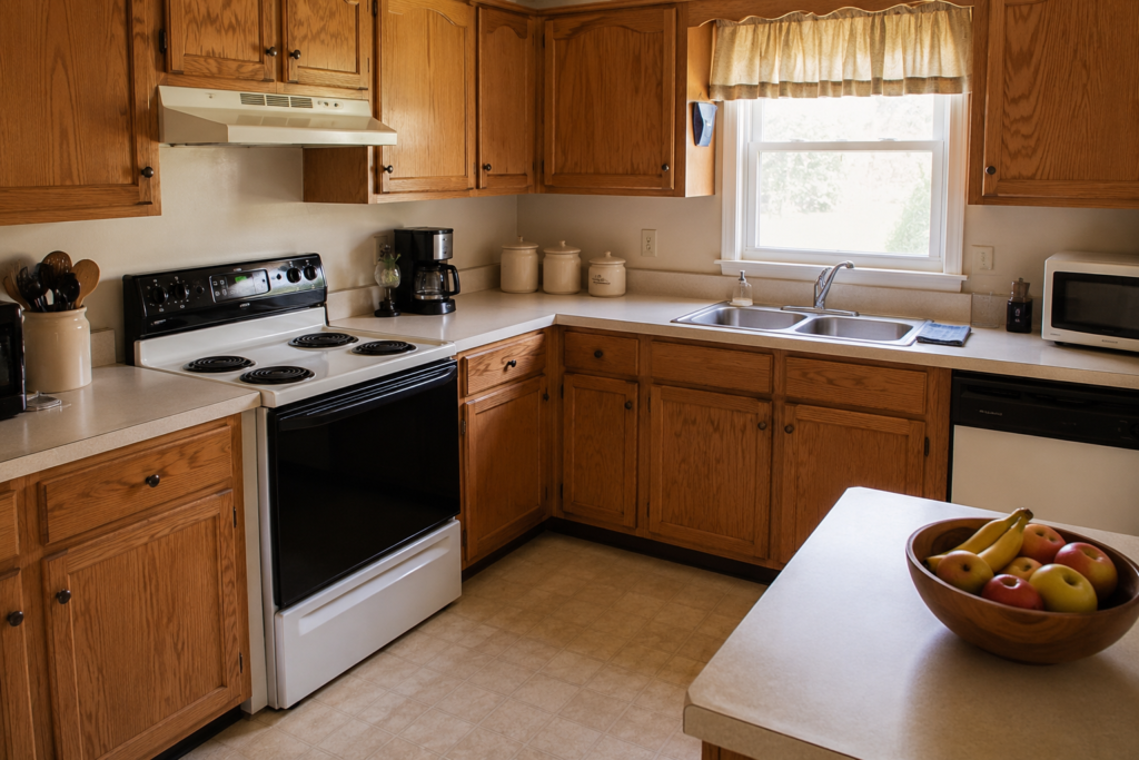 Dated but clean kitchen left unrenovated before an as-is home sale