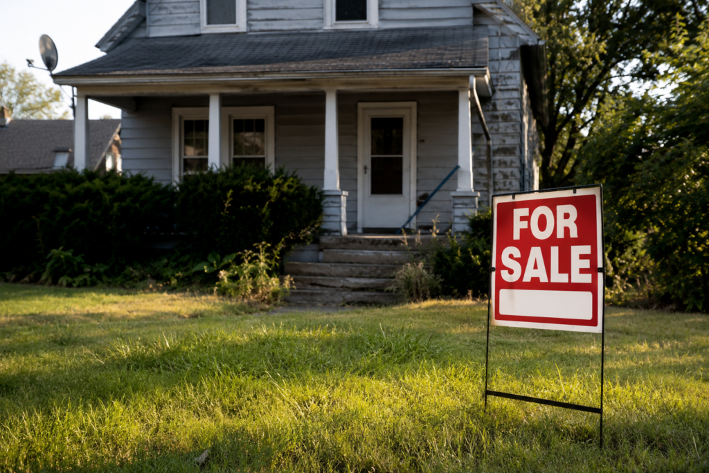 Older home with visible wear being prepared for sale with a for sale sign