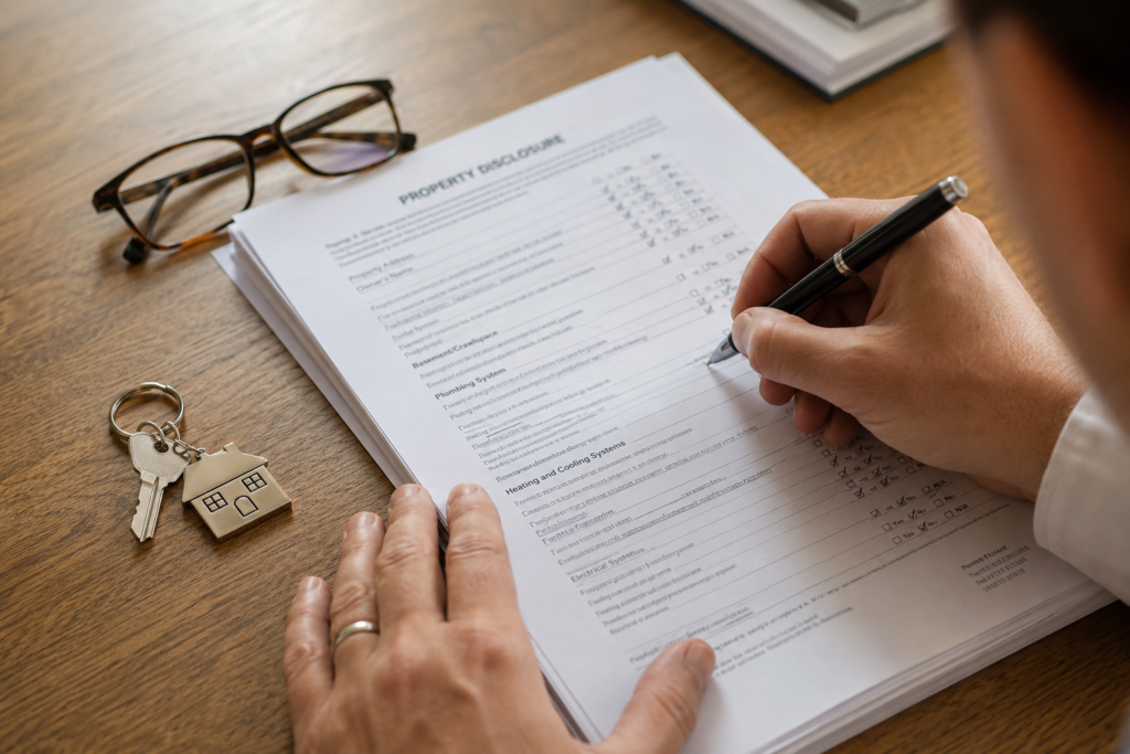 Seller completing property disclosure form for an as-is home sale