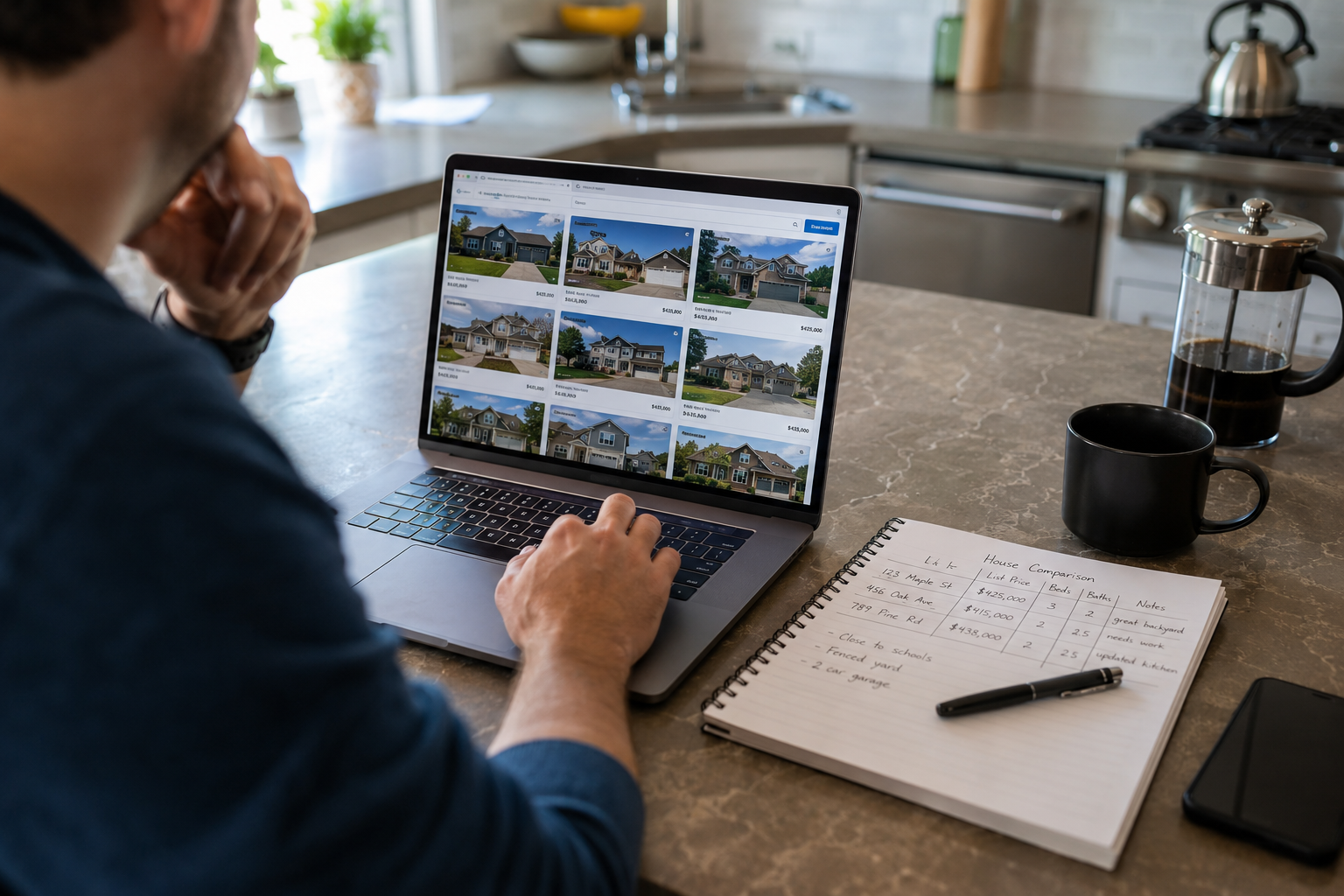 A seller comparing active and expired real estate listings on a laptop while taking notes
