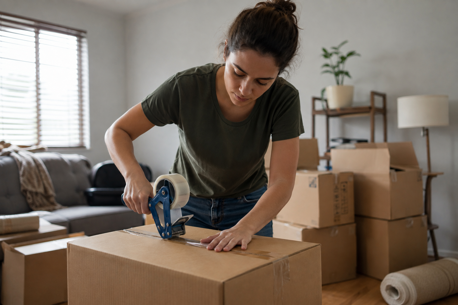 Renter packing moving boxes after ending a lease early