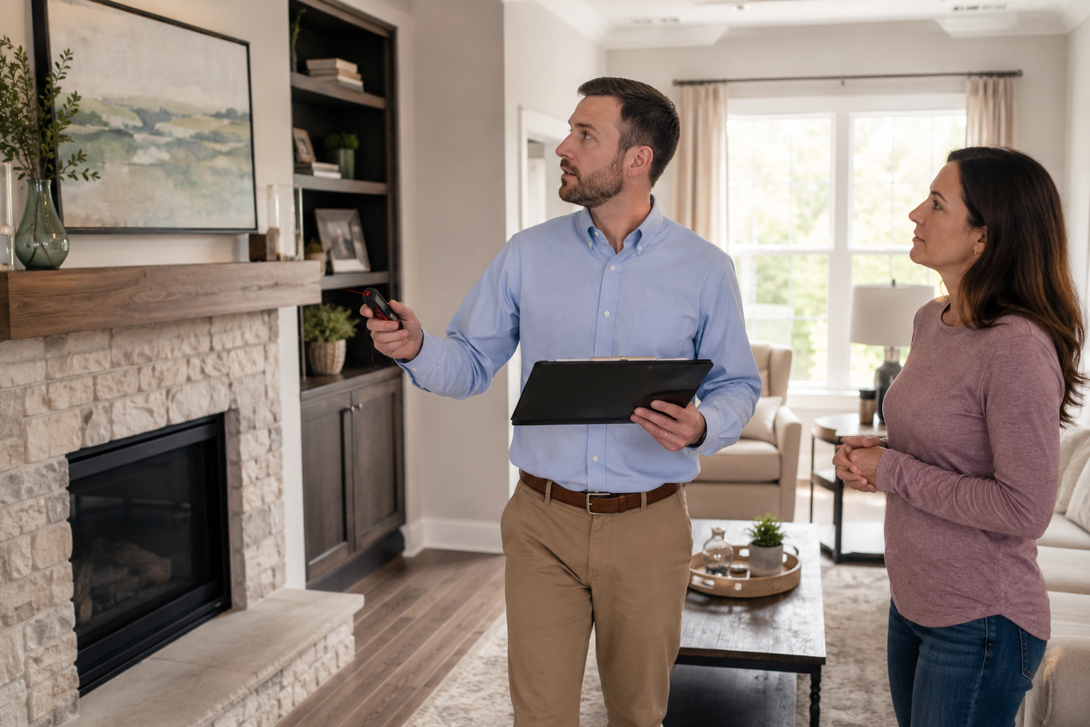 A licensed appraiser walking through a home with a clipboard while the homeowner looks on