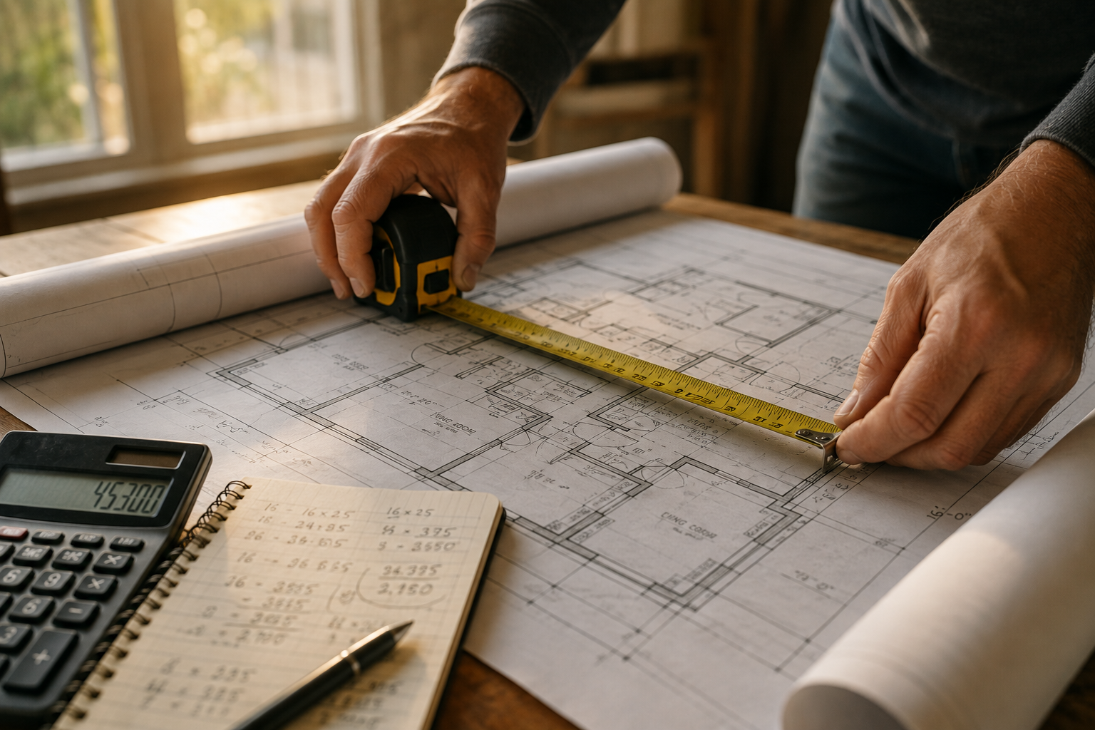 A homeowner calculating price per square foot using a tape measure and house blueprint