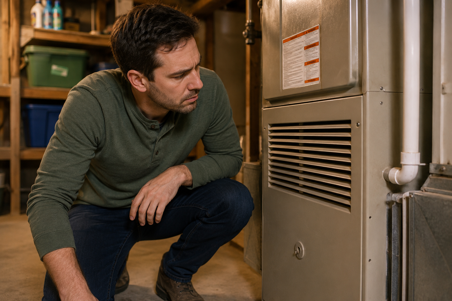 Renter checking a furnace vent to understand who covers repairs under the lease