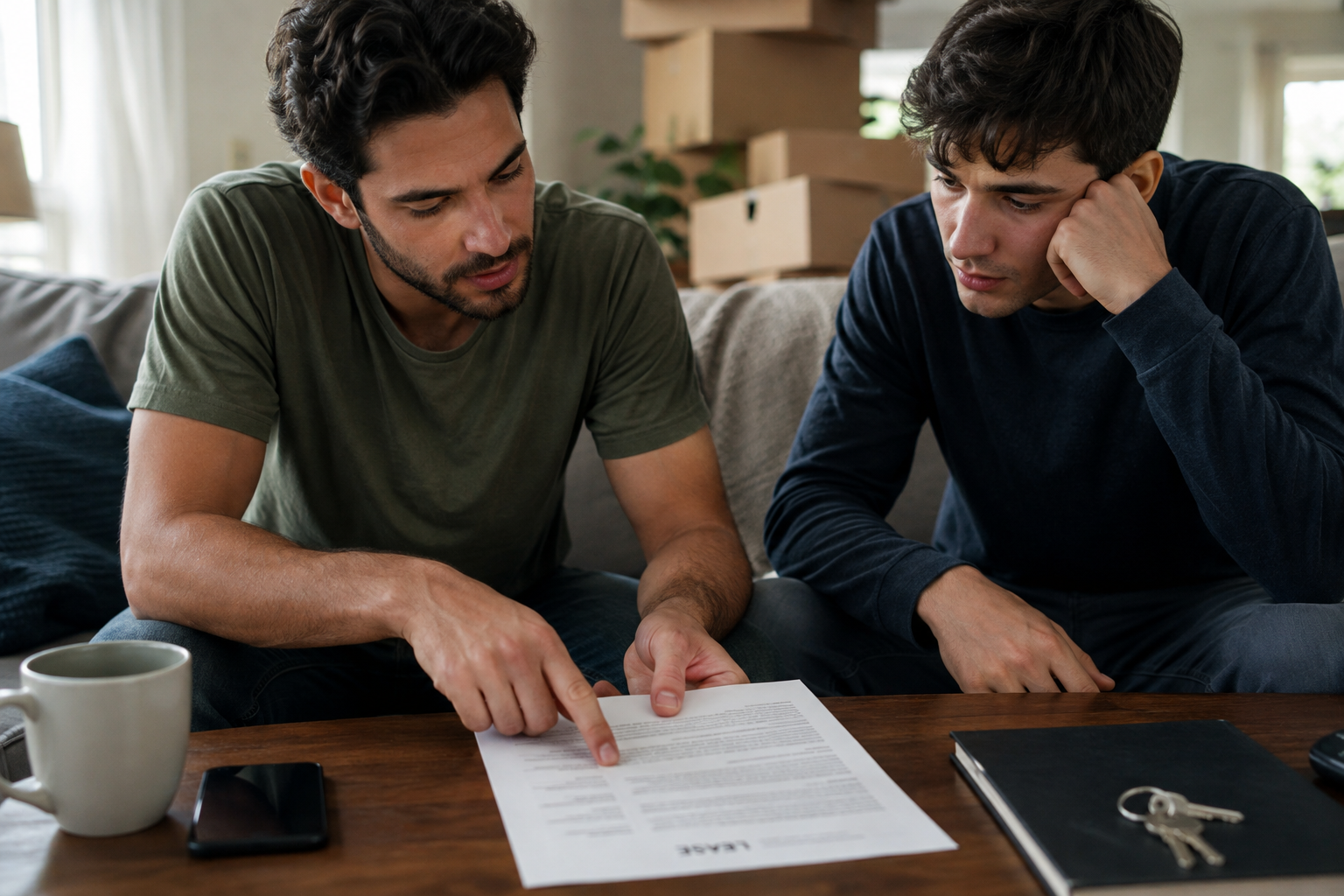 Roommates reviewing a joint lease agreement together at home
