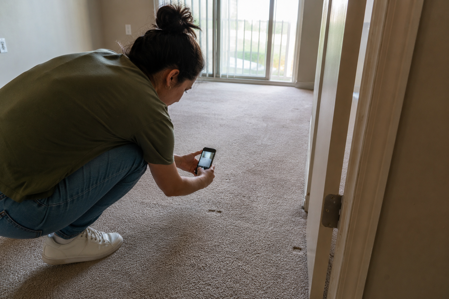 Tenant documenting apartment condition during a move-out inspection for security deposit