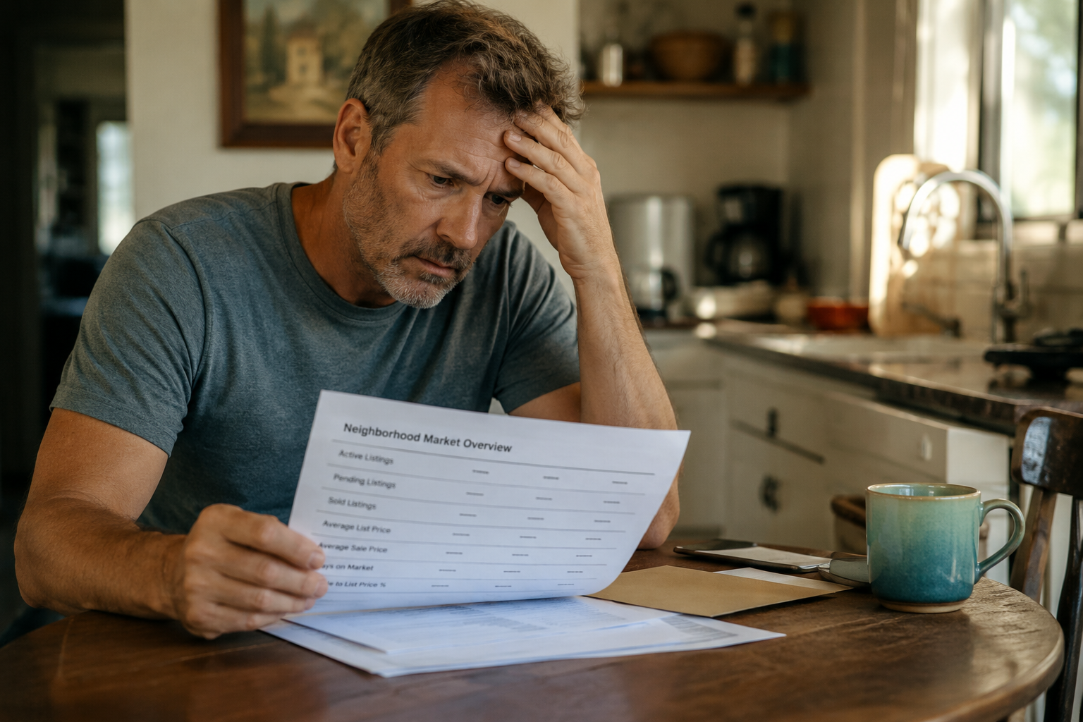 A home seller reviewing a comparable sales report with mostly blank entries at the kitchen table