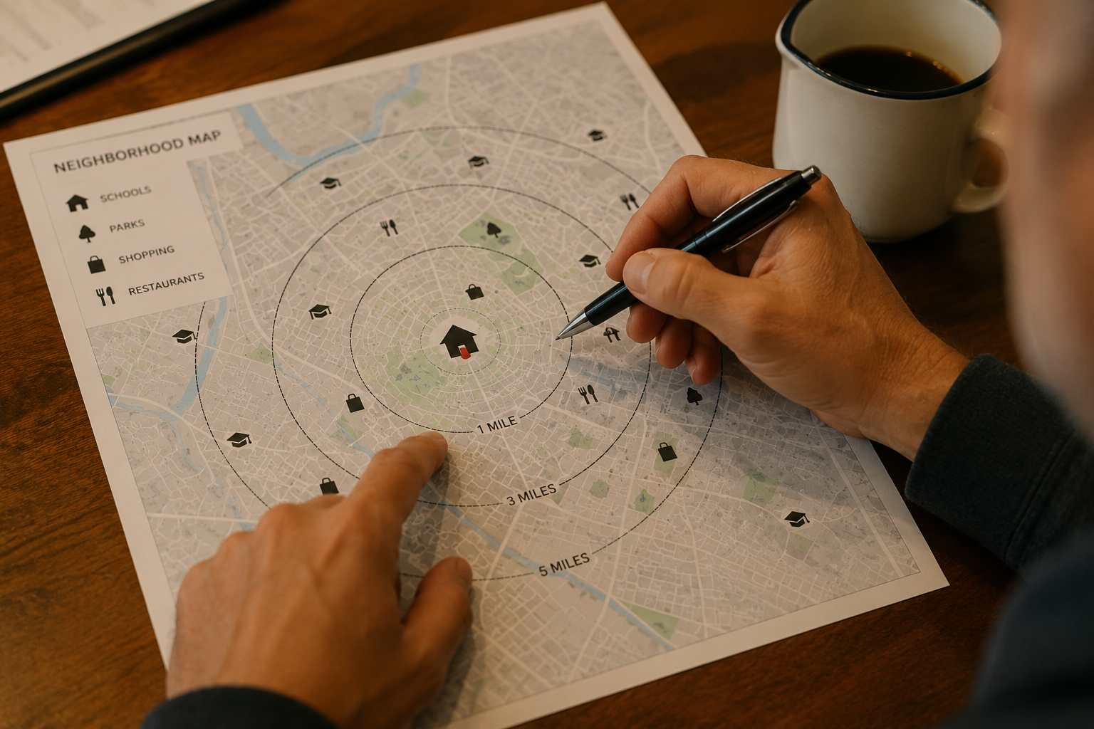 A real estate agent pointing to expanding radius circles on a printed neighborhood map